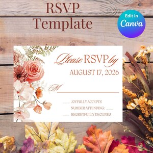 Wedding RSVP Card Template Editable Fall Floral Autumn