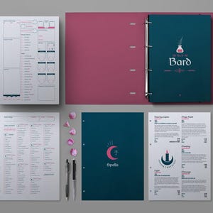 May include: A teal binder with the text "Song of the Bard" and several character sheets, dice, and pens. The binder is open, revealing the interior pages. The pages include character sheets and spell lists.