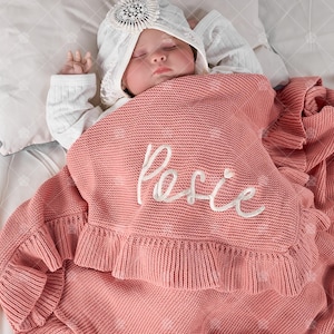Personalized Baby Blanket with Name, Custom Embroidered Newborn Shower Gift for Boys Girls, Ruffled Swaddle Comforter Stroller Announcement