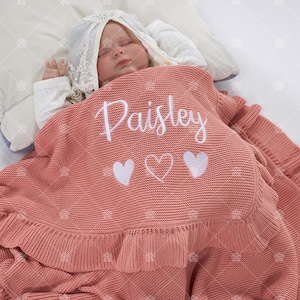 Personalized Baby Blanket with Name, Custom Embroidered Newborn Shower Gift for Boys Girls, Ruffled Swaddle Comforter Stroller Announcement