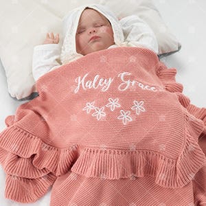 Personalized Baby Blanket with Name, Custom Embroidered Newborn Shower Gift for Boys Girls, Ruffled Swaddle Comforter Stroller Announcement
