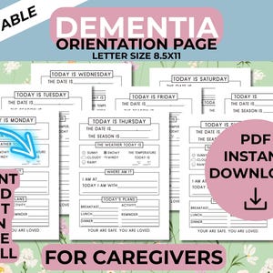 Puede incluir: Páginas de orientación sobre demencia imprimibles para cuidadores. Las páginas incluyen secciones para la fecha, el clima y los planes diarios. El texto incluye "Imprimir y poner en la pared" y "Descarga instantánea en PDF".