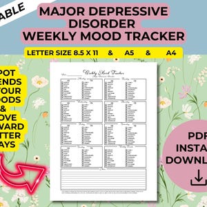 May include: A printable weekly mood tracker with the text "Major Depressive Disorder" and "Weekly Mood Tracker." The design includes a floral background and the text "Spot Trends in Your Moods & Move Toward Better Days."