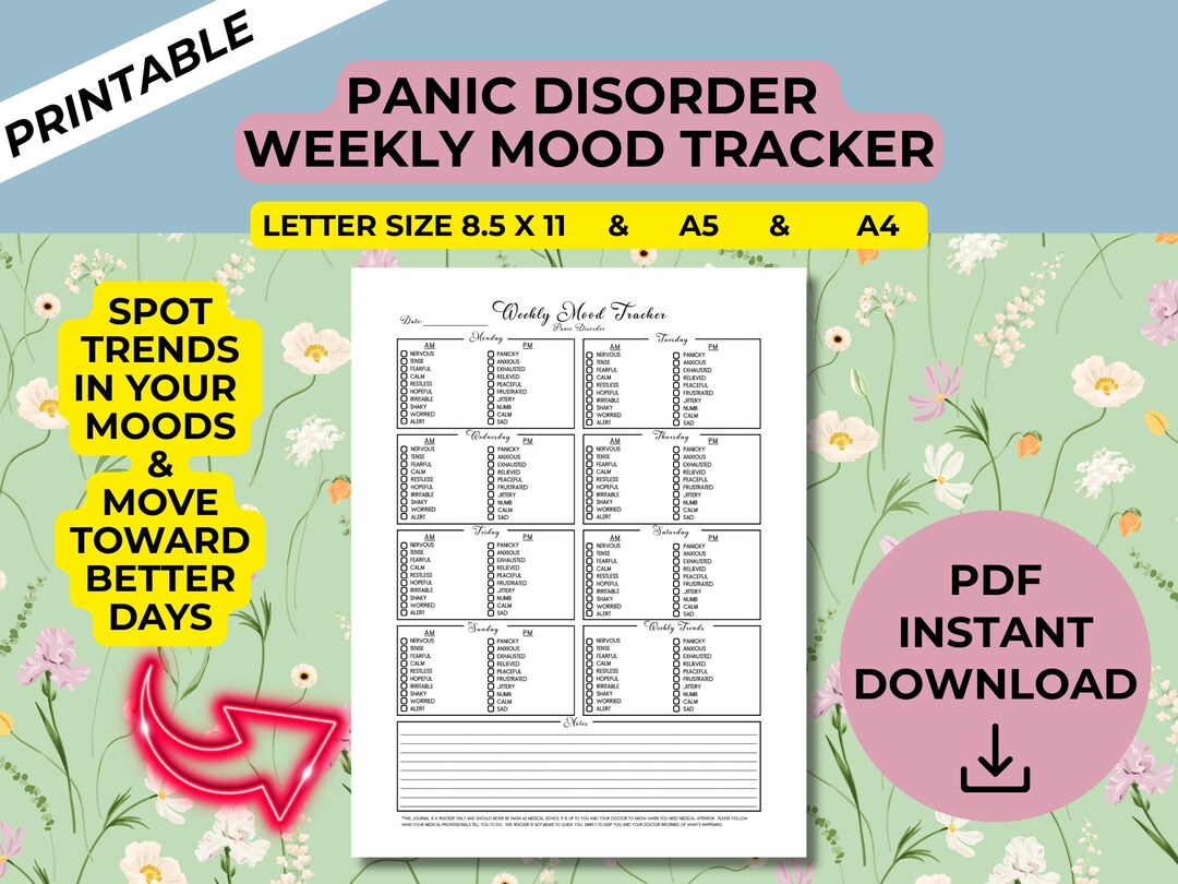 Printable Panic Disorder Weekly Mood Tracker PDF, Generalized Anxiety ...