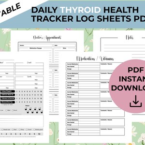 Puede incluir: Hojas de registro de seguimiento de la salud tiroidea diaria imprimibles en formato PDF. Las hojas incluyen secciones para citas médicas, medicamentos y seguimiento diario de síntomas. Un círculo rosa con el texto "PDF Instant Download" está en la imagen.