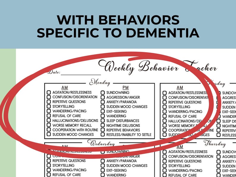 Dementia Weekly Behavior Tracker Printable PDF, Alzheimer's Caregiver ...