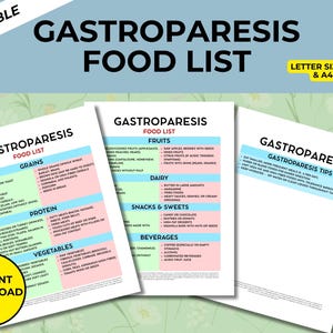 Puede incluir: Lista de alimentos imprimible para la gastroparesia en tamaño carta 8,5 x 11 y tamaño A4. El documento incluye listas de granos, proteínas, verduras, frutas, lácteos, snacks y dulces, y bebidas. También incluye consejos sobre la gastroparesia.