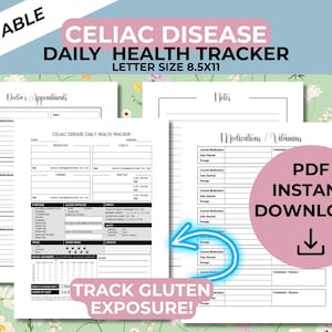 May include: Printable Celiac Disease Daily Health Tracker, letter size 8.5x11. Includes sections for doctor's appointments, daily health tracking, and medication/vitamin logs. Available as a PDF instant download.
