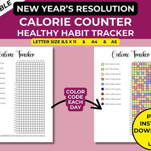 Op de afbeelding: Printbare calorieënteller en gezonde gewoonte tracker. Het ontwerp bevat een raster voor het bijhouden van de dagelijkse calorie-inname, met kleurgecodeerde secties. De tekst bevat "New Year's Resolution" en "Calorie Counter". Beschikbaar in Letter, A4 en A5 formaten.