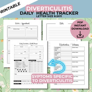 May include: A printable Diverticulitis Daily Health Tracker, letter size 21.6 x 27.9 cm, with sections for doctor's appointments, daily health planner, medications, and notes. Includes a PDF instant download option.