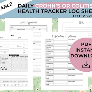 May include: Printable health tracker log sheets for Crohn's or Colitis, letter size 8.5x11. The sheets include sections for daily symptoms, bowel movements, medications, and notes. A pink circle with "PDF INSTANT DOWNLOAD" text and a downward arrow is also visible.