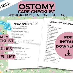 May include: Printable Ostomy Care Checklist in letter size 8.5x11, A4, and A5. The checklist includes a daily care checklist, supplies list, and travel list. The PDF is available for instant download.