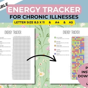 May include: A printable energy tracker for chronic illnesses, available in letter size 8.5 x 11, A4, and A5. The design features a grid for tracking energy levels, with color-coded boxes and a PDF instant download option.