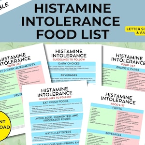 May include: A printable food list for histamine intolerance, with sections on dairy, grains, and fruits. The design includes the text "Histamine Intolerance Food List" and "PDF Instant Download". The document is available in A4 size.