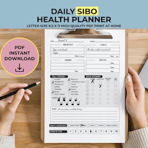May include: A clipboard with a printed "Daily SIBO Health Planner" form. The form includes sections for meals, symptoms, and bowel movements. The text "PDF Instant Download" is in a pink circle.