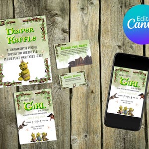 Ogre Theme Editable Girl Baby Shower Package (Invite, Bring a Book Card, Diaper Raffle Tickets, & Diaper Raffle Poster)
