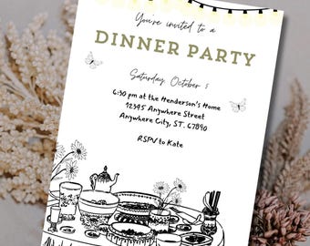 May include: A white invitation card with black text and a hand-drawn illustration of a table setting with plates, bowls, and a teapot. The text reads "You're invited to a Dinner Party" and includes the date, time, and location of the event. RSVP to Kate.