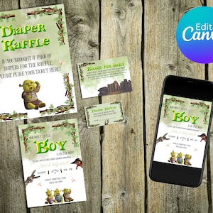 Oger-Thema bearbeitbares Jungen-Babypartypaket (einladen, Bringen Sie eine Buchkarte mit, Windel-Verlosungstickets & Windel-Verlosungsplakat)