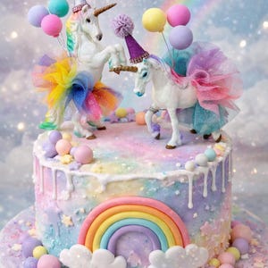 Rainbow Unicorn Fairy Birthday Cake Topper with Party Hat, Tutu and Balloons