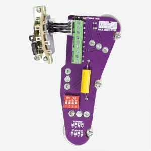 May include: Purple circuit board with a volume knob, a toggle switch, and a rotary switch. The board has the text "MOJO TONE BUILD MODIFY REPAIR" printed on it.