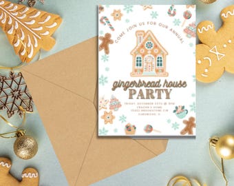 Könnte beinhalten: Eine Einladung zu einer Lebkuchenhaus-Party mit weißem Hintergrund und einer Illustration eines Lebkuchenhauses in der Mitte. Der Text lautet "Kommen Sie zu unserer jährlichen Lebkuchenhaus-Party" und enthält Datum, Uhrzeit und Ort der Party.