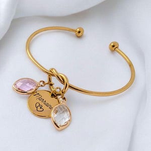 Bangle bracelet with knot and birthstone. Personalized women's bracelet. Jewelry engraving. Christmas gift for mom, grandma, godmother.