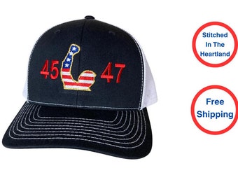 Trump 2024 Flag Fist Pump Gold Outline 45 47 Embroidered Trucker Hat - Trump Gift - Stitched in USA