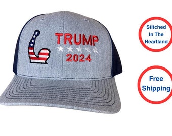 Trump 2024 Flag Fist Pump Stars Embroidered Trucker Hat - Trump Gift - Stitched in USA