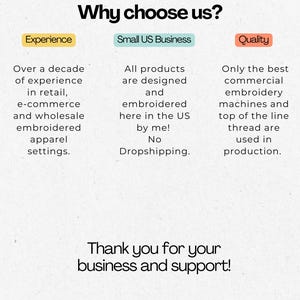 May include: A graphic with the text "Why choose us?" lists experience, small US business, and quality as key features. The text highlights over a decade of experience, products designed and embroidered in the US, and the use of top-quality materials.