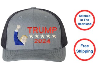 Trump 2024 Fist Pump Stars Embroidered Trucker Hat - Trump Gift - Stitched in USA