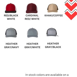 May include: Image showcasing available hat colors. The hats include combinations like red/black/white, cardinal red/white, and khaki/coffee. Other options are heather gray/navy, heather gray/white, and heather gray/black. Text indicates more colors are coming.