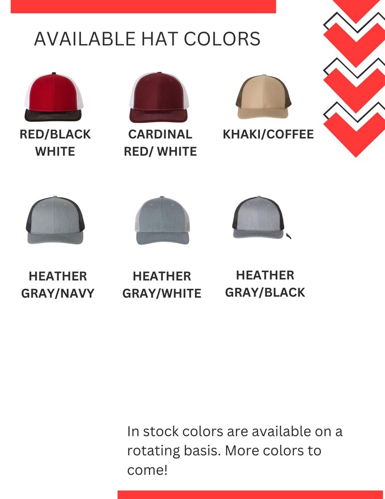 May include: Image showcasing available hat colors. The hats include combinations like red/black/white, cardinal red/white, and khaki/coffee. Other options are heather gray/navy, heather gray/white, and heather gray/black. Text indicates more colors are coming.