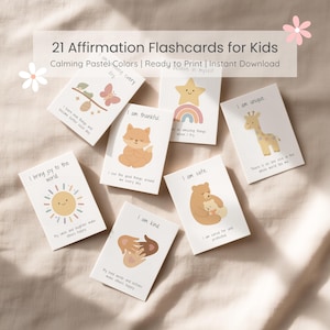May include: A collection of 21 affirmation flashcards for kids. Each card features a pastel illustration and positive affirmation, such as "I am thankful" and "I am safe." The cards are designed with calming pastel colors and are ready to print.