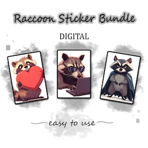 Könnte beinhalten: Ein digitales Waschbär-Aufkleber-Bundle mit drei Waschbär-Illustrationen. Ein Waschbär hält ein Herz, ein anderer trägt eine Sonnenbrille und benutzt einen Laptop, und der dritte trägt einen Umhang. Der Text "Raccoon Sticker Bundle", "DIGITAL" und "easy to use" sind ebenfalls enthalten.