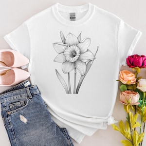 Daffodil Line Drawing T-Shirt - Minimalist Floral Design Tee for Women - Spring Flower Shirt