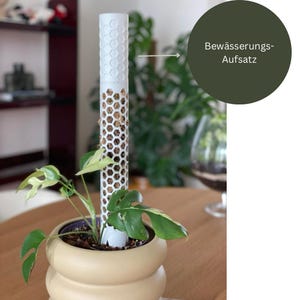 Könnte beinhalten: Ein weißes, aus Kunststoff gefertigtes Bewässerungsgerät mit einem Wabenmuster ist in die Erde einer Topfpflanze gesteckt. Die Pflanze hat große, grüne Blätter mit weißer Marmorierung. Das Gerät ist mit "Bewässerungs-Aufsatz" beschriftet.