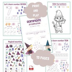 May include: A set of printable educational worksheets for children, featuring activities like number learning, colouring, and counting. The pages are illustrated with wizards, potions, and magical elements. Text includes "Let's learn number SEVEN!" and "Magical counting". Includes a certificate.