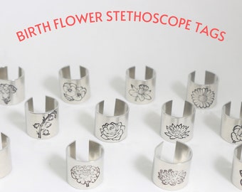 Birth Flower Stethoscope ID Tag, Nurse Gift, Stethoscope Name Tag, Stethoscope Charm, Stethoscope ID Ring, Personalized Stethoscope Name Tag