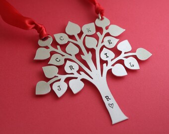 Family Tree Christmas Ornament - Custom Family Ornament-  Holiday Ornament - Stocking Stuffer - 2021 Ornament - Personalized Ornament-Silver