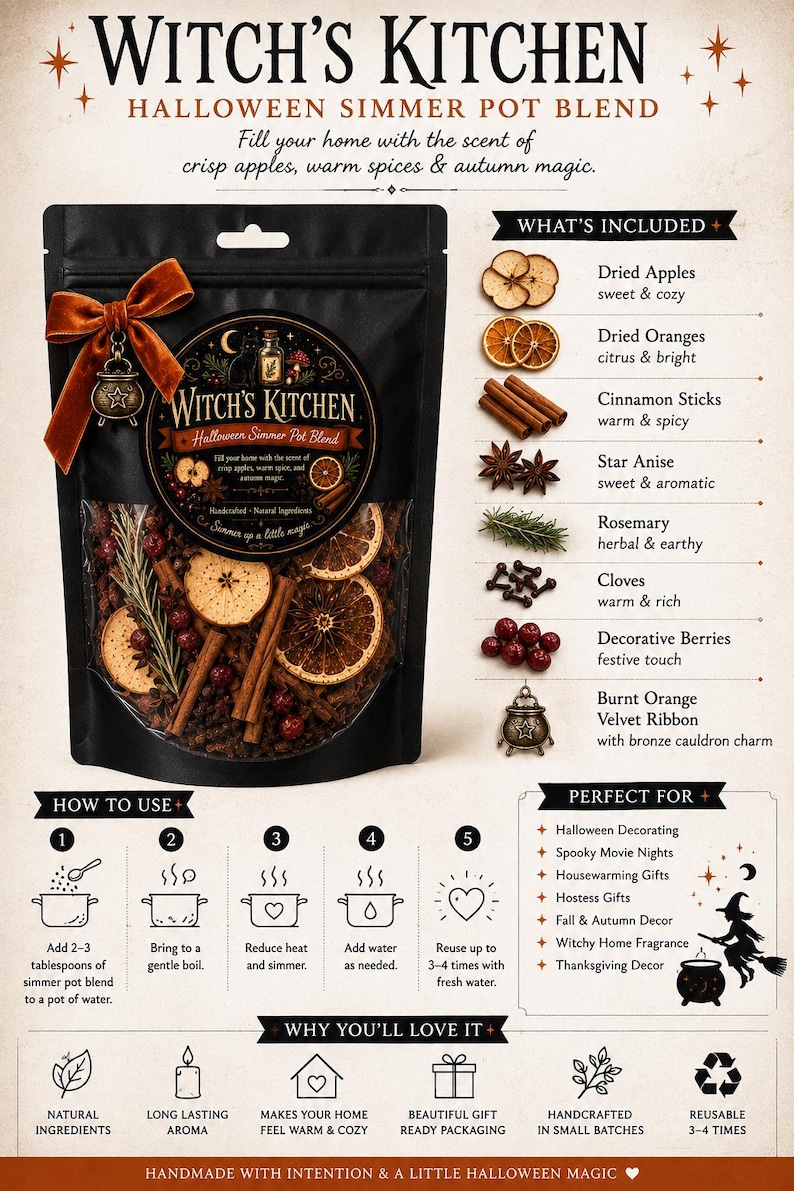 Pu&ograve; includere: Una busta nera di miscela per pentola a fuoco lento Witch's Kitchen Halloween contenente fette di mela e arancia essiccate, bastoncini di cannella, anice stellato, rosmarino, chiodi di garofano e bacche, con un nastro di velluto arancione e un ciondolo.