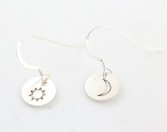 Sun and Moon Sterling Silver Earrings - Dangle Earrings - Hand Stamped Gift - Celestial Earrings - Sun Jewelry - Moon and Sun Earrings