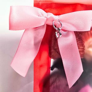 Pu&ograve; includere: Un fiocco di raso rosa adorna un pacco rosso. Un piccolo ciondolo d'argento con un ciondolo a forma di cuore pende dal nodo del fiocco. I nastri del fiocco sono ben disposti, creando un elemento decorativo.