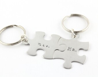 Mr. and Mrs. Puzzle Pieces Keychains - Bridal Shower Gift - Custom - Personalized Wedding Present - Key Chain Gift - Key Ring - Keyring