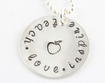 Teacher Necklace - Teacher Gift - Teach Necklace - Apple Necklace - Christmas Gift For Teacher - Thank You Gift from Child - Silver Necklace