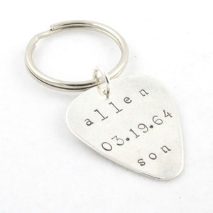 Personalized Guitar Pick Keychain - Sterling Silver Custom Hand Stamped Pic Key Ring - Keyring - Key Chain - Christmas Gift for Dad
