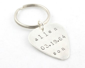 Personalized Guitar Pick Keychain - Sterling Silver Custom Hand Stamped Pic Key Ring - Keyring - Key Chain - Christmas Gift for Dad