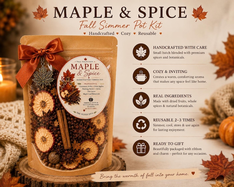 May include: A brown pouch containing a Maple & Spice Fall Simmer Pot Kit, featuring dried apple slices, cinnamon sticks, star anise, and cloves. The pouch is tied with a rust-coloured ribbon and a metal maple leaf charm, with text detailing ingredients.