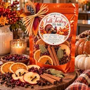 Könnte beinhalten: Ein metallisch orangefarbener Beutel mit der Aufschrift Talk Turkey To Me, gefüllt mit getrockneten Orangen- und Apfelscheiben, Cranberries, Zimtstangen, Lorbeerblättern und Sternanis, verziert mit einer Bastschleife.