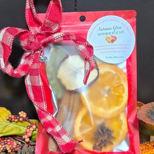 May include: A red package containing dried orange slices, cinnamon sticks, and star anise, tied with a red and white checkered ribbon. The package is labeled "Autumn Glow Simmer Pot Kit."