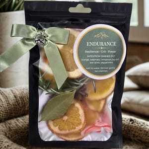 Può includere: Un pacchetto nero legato con un nastro verde salvia e un ciondolo a forma di montagna. Il pacchetto contiene fette d'arancia essiccate, rosmarino, alloro e anice stellato. L'etichetta recita "ENDURANCE" e "INTENTION SIMMER POT".